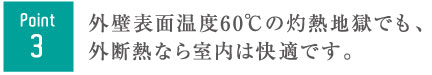 3Point外壁表面温度60℃の灼熱地獄でも、
外断熱なら室内は快適です。