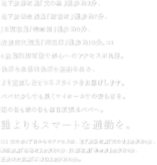 地下鉄谷町線「文の里」徒歩約4分、御堂筋線「昭和町」徒歩約8分、JR阪和線「美章園」徒歩約7分、近鉄南大阪線「河堀口」徒歩約10分。
4沿線利用可能で都心へのアクセスが良好。ビジネスにも、最適なアクセス環境。パパに少しでも長くマイホームでの安らぎを。雨の日も雪の日も毎日頑張るパパへ。誰よりもスマートな通勤を。